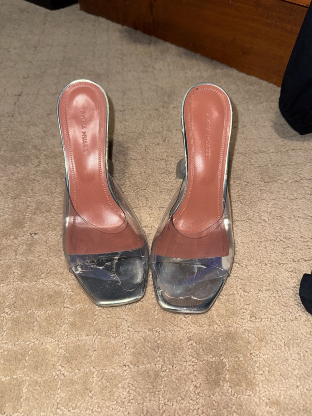 Amina Muaddi Clear Vinyl Mules with Blush Insole